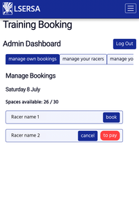 LSERSA booking system - booking panel