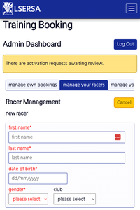LSERSA booking system - racer management panel