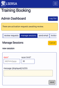 LSERSA booking system - session management panel